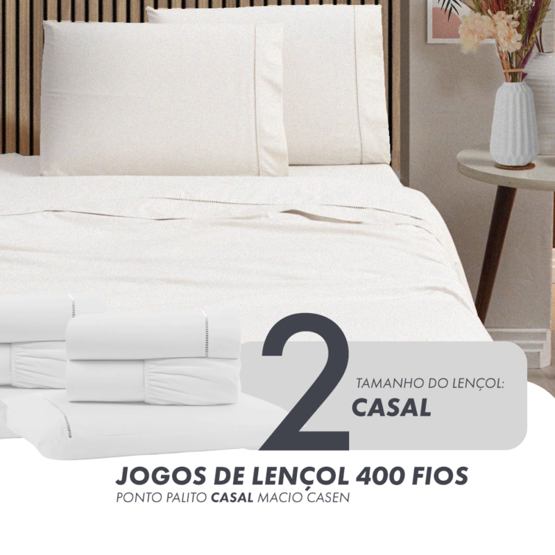 02 Jogos de Lençol 400 Fios Ponto Palito Casal Macio Casen