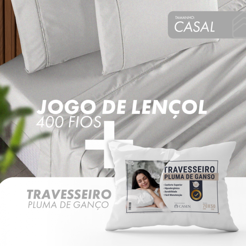 Oferta Jogo de Lençol 400 Fios + Travesseiro Pluma Casal